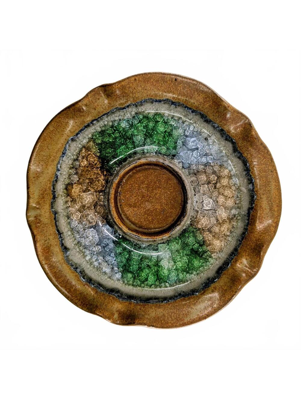 Vintage Studio Pottery Geode Crackle Glass Tealight Candle Holder Handmade